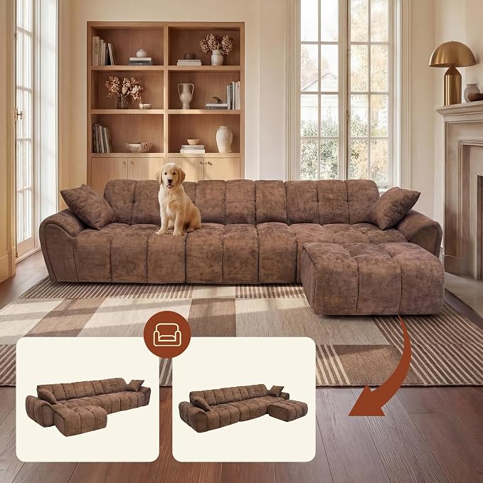 Claiks 118" Modern Boneless Couch, Corduroy Modular Cloud Sofa for Living Room, Deep Seat Sectional with Movable Ottoman, No Assembly Required, Brwon