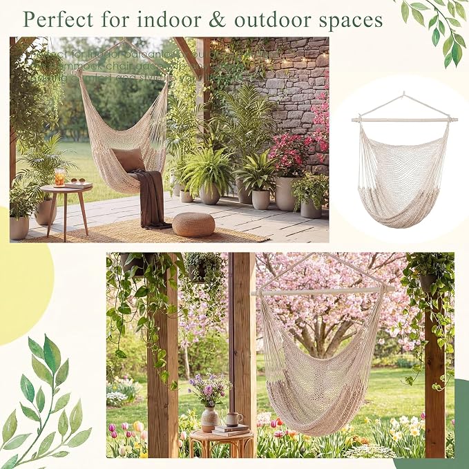 Barydat 2 Pcs Hanging Hammock Chair Boho Swing Chair Outdoor Indoor Comfy Soft Cotton Rope Weaving with 40 Inch Detachable Metal Bars for Backyard Living Room Garden, 270lb Capacity (Beige)