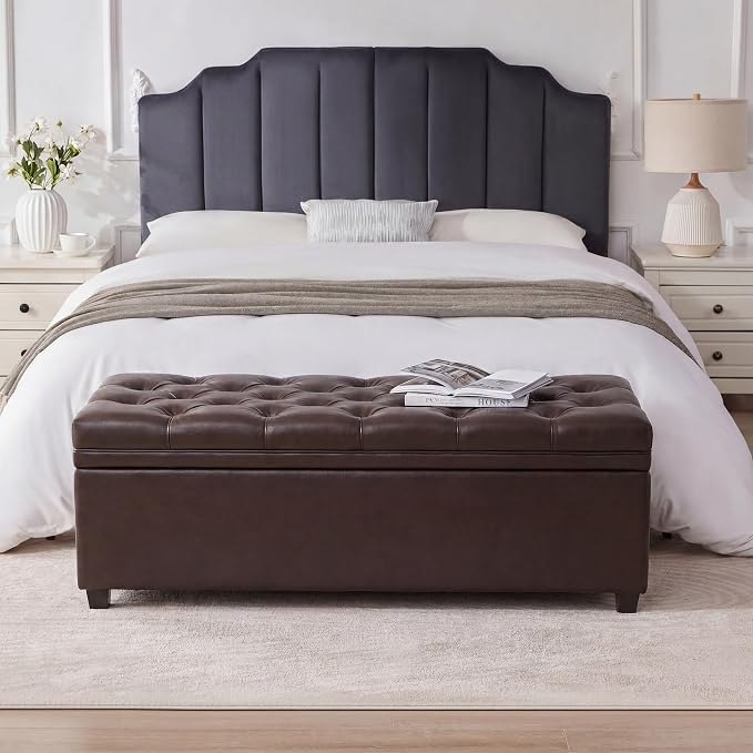 Mangodan Storage Ottoman Bench, Tufted Ottoman with Storage for Living Room, Large End of Bed Ottomans, Modern Entryway Benchs (Faux Leather Dark Brown, 50 Inch)