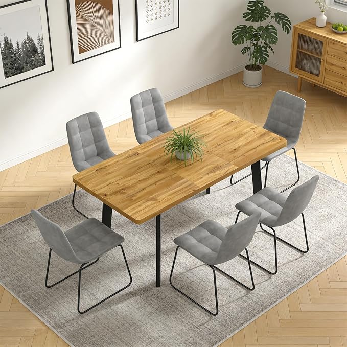 Extendable Dining Table Set for 4 to 8 People, 47.2" to 63" Modern Kitchen Table Set with 6 Chairs, MDF Dining Room Table and Chairs with Removable Extension Leaf (Walnut Table+U-Shaped Grey Chairs)