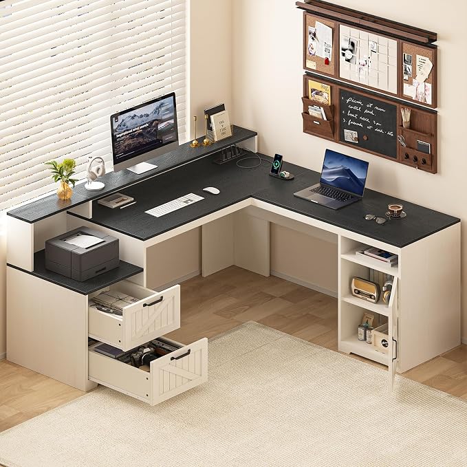 YOMILUVE 63" Farmhouse L Shaped Executive Desk with Drawers & Storage Shelf, Corner Computer Desk with Power Outlets, L Shaped Office Desk with Monitor Stand, Printer Shelf, Black and White