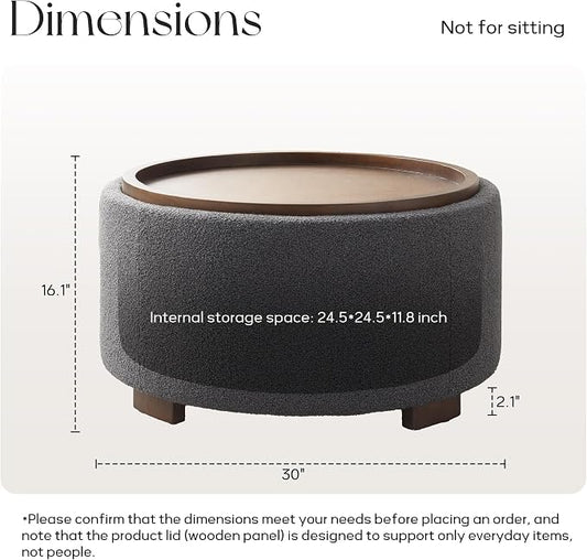 Zihanhome 30 Inch Round Storage Ottoman Coffee Table, Modern Boucle Ottoman with Lift-Off Lid and Solid Wood Legs for Living Room, Bedroom, Corners, Apartments (Grey)