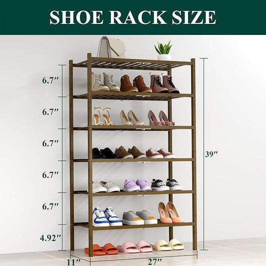 Smiry Bamboo Shoe Rack, 6 Tier Free Standing Wooden Shoe Organizer, Stackable Wood Shoe Storage Shelf for Closet, Entryway, 14 Vertical Slats, 2+2+2 Stack Heavy-Duty Legs, 26.8"x11"x39", Walnut