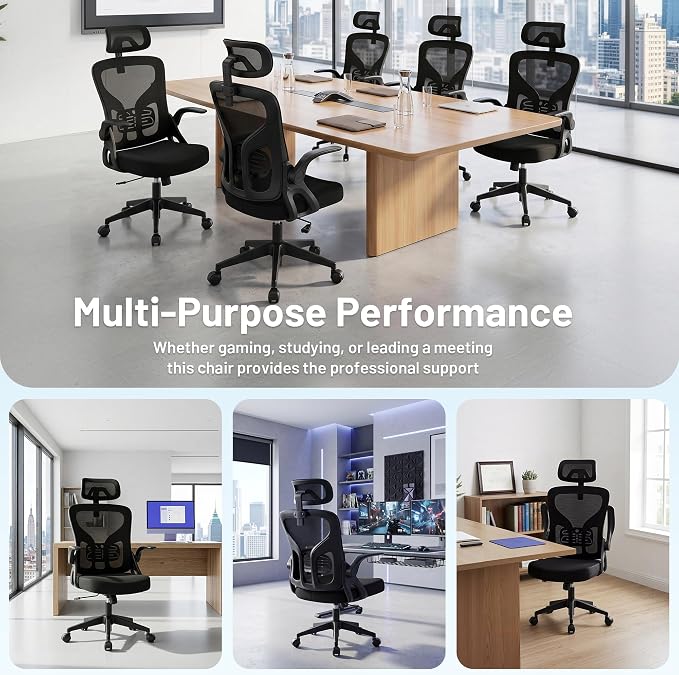 Office Chair Ergonomic Desk Chair with Adjustable Headrest Lumbar Support, High Back Breathable Mesh Chair with 120° Tilt & Flip-Up Armrests, Swivel Comfy Task Computer Chair for Work, Study