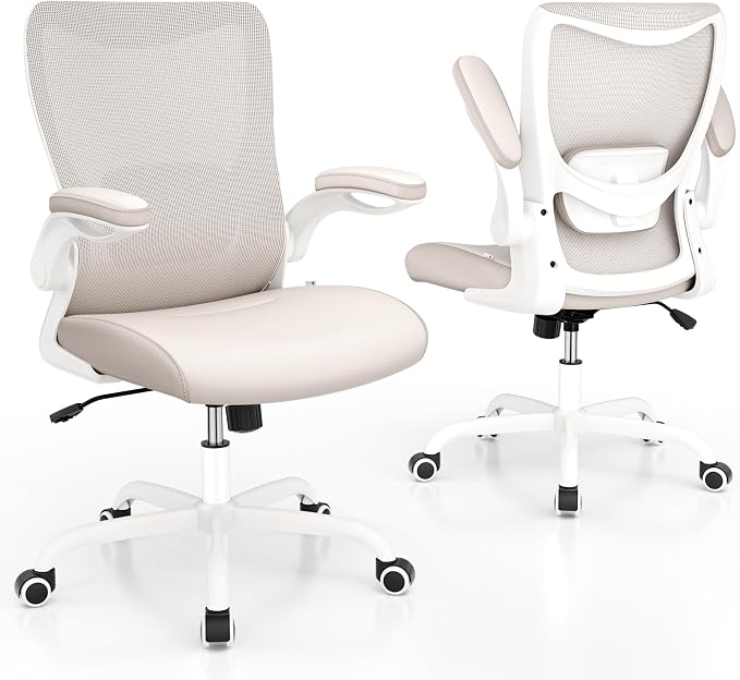 MUXX.STIL Office Chair, PU Leather Ergonomic Desk Chair with Adjustable Lumbar Support and Flip up Armrest, Breathable Mesh Computer Chair for Home Office, Khaki