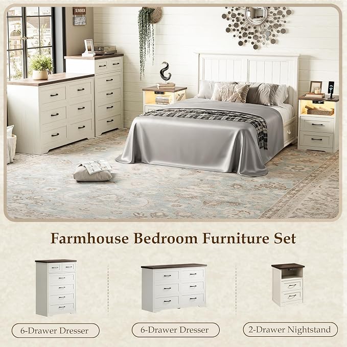 AODK Farmhouse Tall 6 Drawer Dresser for Bedroom, 5-Tier Vertical Storage Chest with Mixed Drawers, Engineered Wood Frame with Anti-Tip Safety, American Country Furniture, Walnut & Vintage White