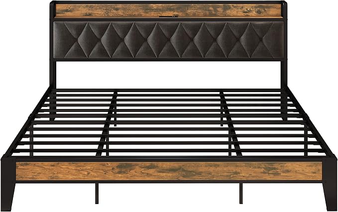 ANCTOR King Bed Frame, Upholstered Tufted Headboard, Storage Shelves & Charging Station, No Box Springs Needed, Sturdy, Noise-Free, Modern Vintage Style