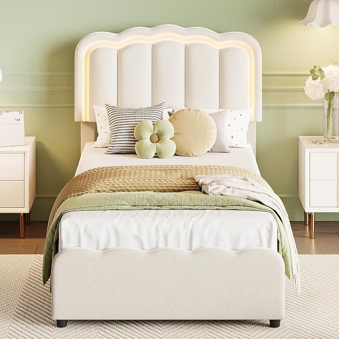 Garvee Twin Size Bed Frame with 2 Storage Drawers and LED Lights, Upholstered Platform Twin Bed with Adjustable Headboard, Wooden Slats Support, No Box Spring Needed, Easy Assembly, White