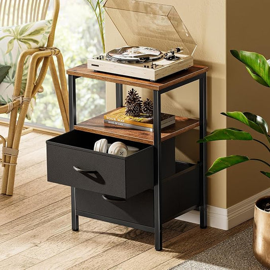 Huuger Night Stand Set of 2, Nightstand with 2 Drawers, Bed Side Table with Open Shelf, Wooden Top, End Table, Fabric Drawer, for Bedroom, Rustic Brown and Black