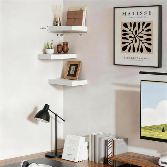 Floating Shelves, White Wooden Set of 3 Wall Mounted Bathroom Shelves Over Toilet, Modern Small Hanging Shelves for Bedroom Living Room Kitchen Home Decor Storage, 12" x 7" x 1.5"