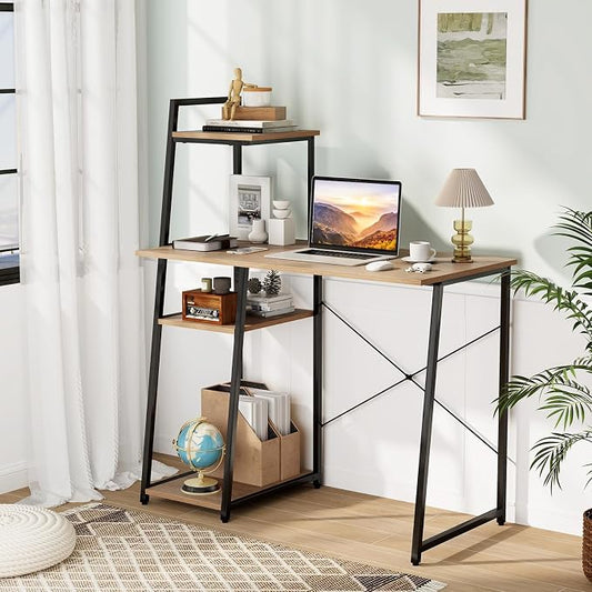 Tangkula Computer Desk with Shelves, Space Saving Home Office Desk with 3-Tier Ladder Shaped Storage Bookshelf, Modern Writing Study Desk with Metal Frame, Compact Computer Workstation (Natural)