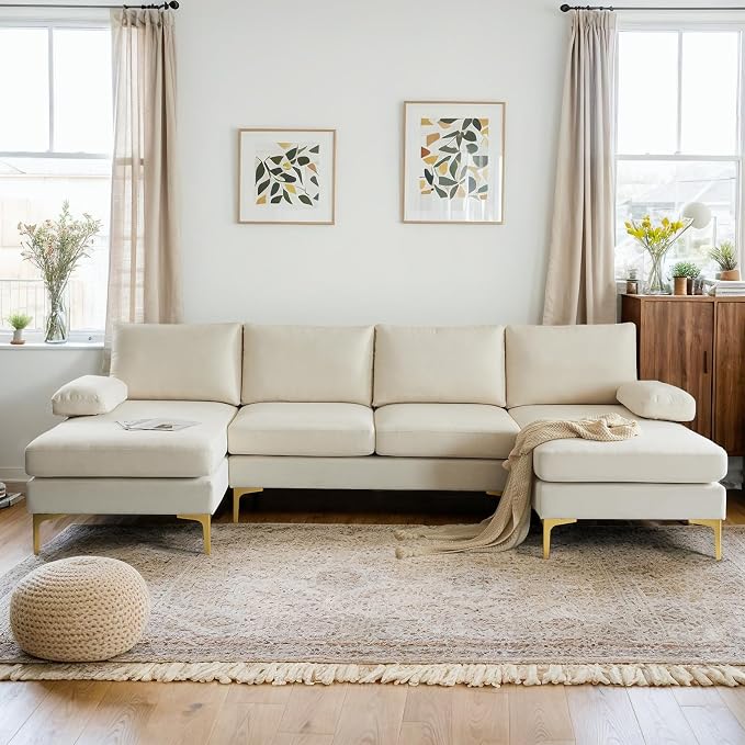 VINGLI 110" Modern Sectional Couch with 51" D Double Chaise, Beige Deep Seat U Shaped Couch with Removable Pillows & Metal Legs, Comfy 4-Seat Sofas for Living Room, Linen Fabric