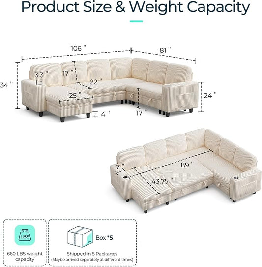 LINSY HOME Sectional Sofa with Pull Out Bed, 6 Seats Corduroy Reversible Sleeper Sofa with Storage Seats & Chaises, USB Ports, Cup Holders, Side Pocket, Sectional Couches for Living Room, Beige