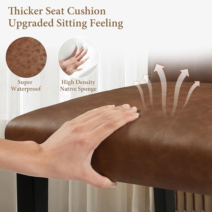 VECELO PU Leather Dining Chairs Set of 2, High Back Upholstered Parsons Chairs with Solid Wood Legs and Adjustable Foot Pads for Kitchen and Living Room, Brown