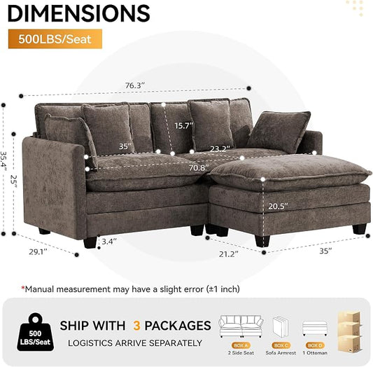 76'' Cloud Deep Seat Loveseat Sofa, Upholstered Modular 2-Seats Sectional Sofa Couch with Movable Ottoman, Modern Comfy Settee Loveseat for Living Room Set, Small Apartment, Brown