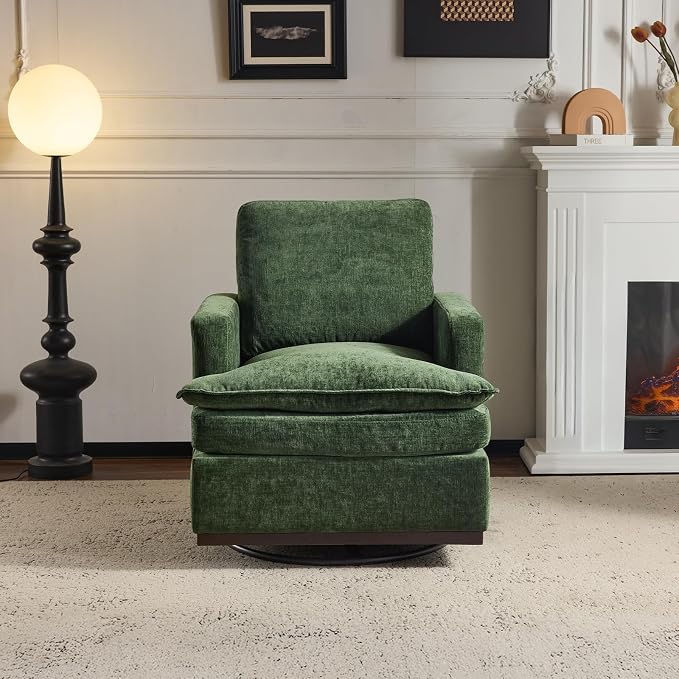 VINGLI Mid-Century Modern Single Swivel Armchair, 360° Swivel Accent Chair, Double-Layer Seat Cushions, Upholstered Square Club Chair for Living Room, Bedroom, Reading Room, Chenille,Green