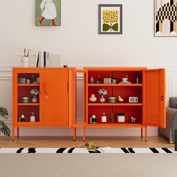 Metal Cabinet Metal Bathroom Storage Cabinet Metal Storage Cabinets with Glass Door and Adjustable Shelves Cabinet Storage for Coffee Bar for Homes, Living Rooms and Offices Orange 33''H