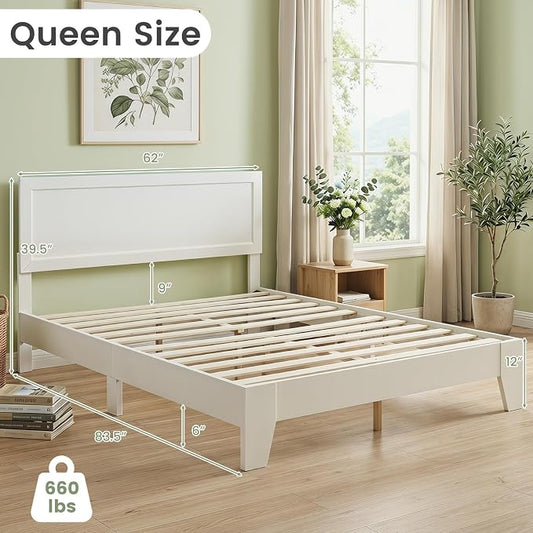 KOMFOTT Queen Size Bed Frame, Modern Platform Bed with Headboard, Wooden Slat Support Mattress Foundation, Under-Bed Storage Space, No Box Spring Needed(White,Queen)