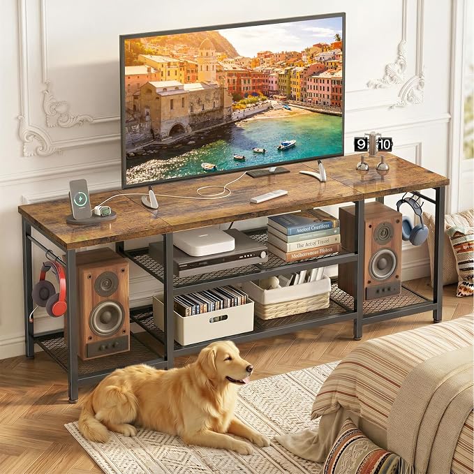 YGEOMER TV Stand for Up to 65 Inch TVs, Entertainment Center with Power Outlet and Open Storage Shelves, TV Media Console Table for Living Room and Bedroom, Rustic Brown