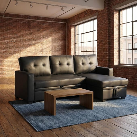 Pull Out Couch, L Shaped Sectional Couch with Pull Out Bed, Convertible Sofa Bed with Storage Chaise, Twin Size Sleeper Sofa, Sofa Bed Couch, Sleeper Sofa with Storage, Black