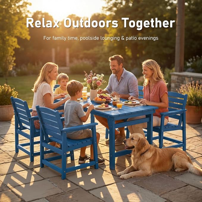 Furnimart Outdoor Dining Table for 4-6 Person, 67" HDPE All-Weather Dining Table with Umbrella Hole, Oversized Patio Dining Set, Outdoor Furniture for Backyard, Garden, Lawn & Poolside, Rectangle Blue