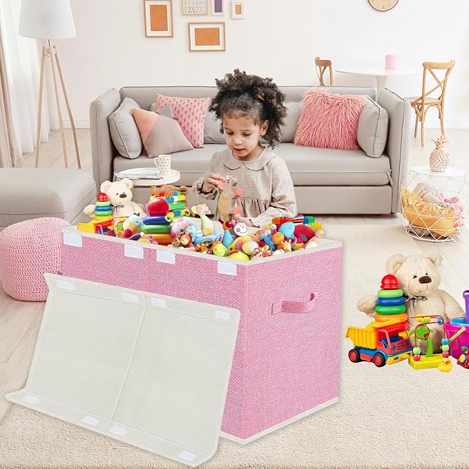 Large Collapsible Toy Storage Box with Lid & Handles - Kids Organizer Chest for Toys, Clothes, Blankets (Pink, Nursery, Playroom, Bedroom)-24.5''×13''×16''