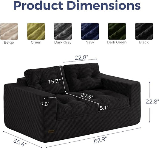 MAXYOYO 63" Loveseat Sofa Couch for Small Spaces, Upholstered Boneless Cloud Couch for Apartment Bedroom, 2-Seater Love Seat Floor Modern Sofa with Pillows, No Assembly Required, Black