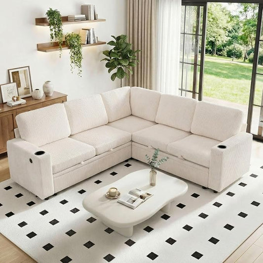 Sectional Sleeper Sofa with Pull Out Bed, Plush Corduroy L Shaped Corner Couch with Storage, USB Ports, Cup Holders, Comfy Sectional Couches for Living Room, White