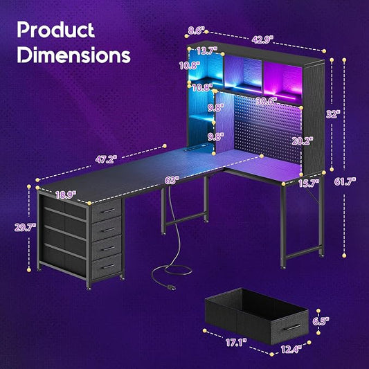 AODK 63" L Shaped Gaming Desk with Hutch, Pegboard & Shelves, L Shaped Desk with 4 Drawers, Integrated LED Light Strip & Power Outlets, Reversible PC Gaming Computer Desk, Black