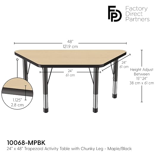 FDP Trapezoid Activity School and Classroom Kids Table (24 x 48 inch), Chunky Toddler Legs for Collaborative Seating Environments, Adjustable Height 15-24 inches - Maple Top and Black Edge