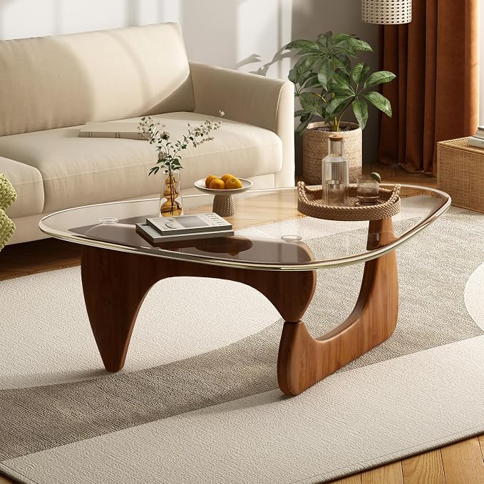 Coffee Table for Living Room Mid Century Modern Center Table with Glass Top and Wood,36 Inch, Transparent/Walnut
