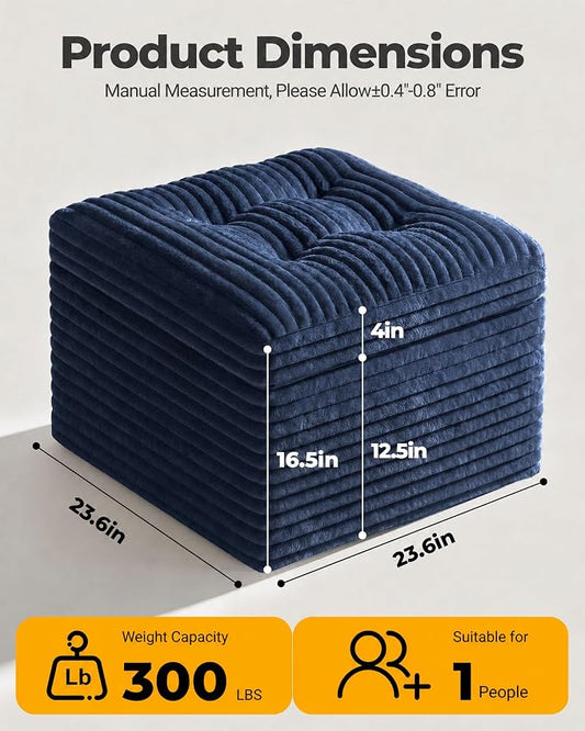 23.6in Pouf Ottoman, Corduroy Ottoman Foot Rest with Dual‑Layer Support, Large Poofy Pouf with Soft Chunk‑Foam Top & Firm Foam Base, Floor Foot Stool for Living Room, Blue