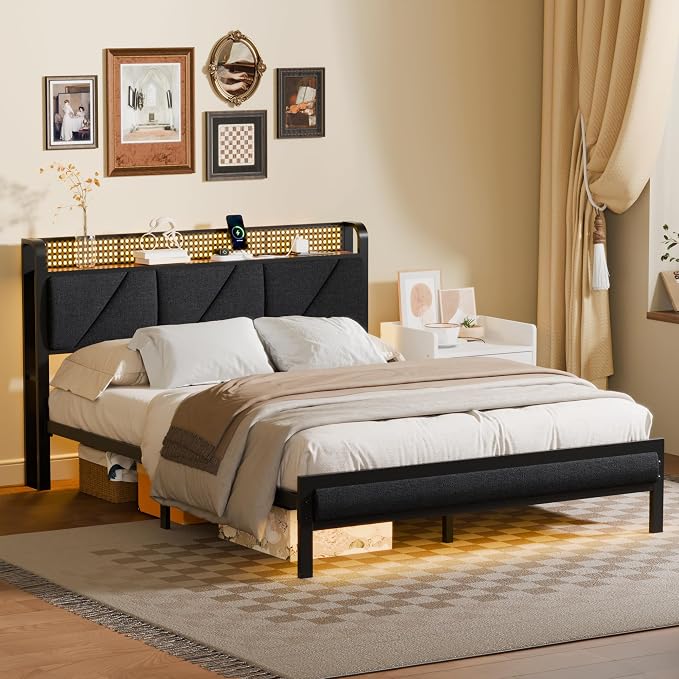 Furnulem Queen Bed Frame with Headboard and Storage Shelf, LED Light and Charging Station, Metal Platform Bed with Heavy Duty Slats, No Box Spring Needed, Noise Free & Easy Assembly