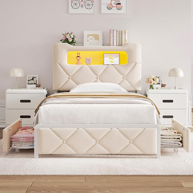 Twin Upholstered LED Bed Frame with 2 Storage Drawers and 2-Tier Storage Bookcase Headboard, Velvet Princess Platform Bed for Kids/Girls/Boys, Corner Bed Frame, Heavy Duty Metal Support, Beige