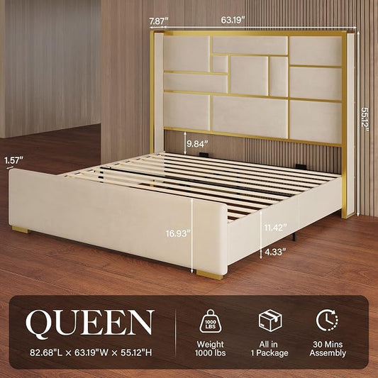 Queen Bed Frame with 55.12" Tall Headboard, Modern Luxury Velvet Upholstered Platform Bed with Gold Trim, Wide Wingback Design, Noise-Free, Easy Assembly, No Box Spring Needed, Beige