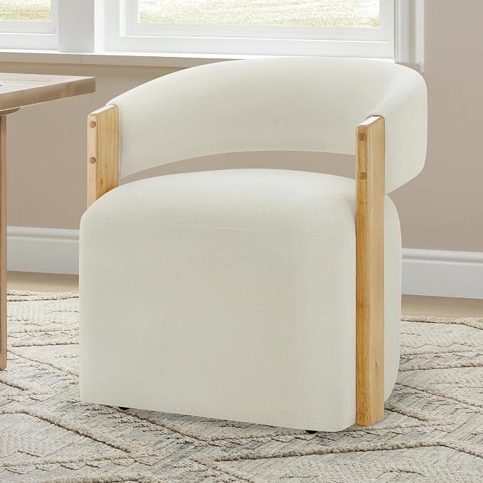 KISLOT Upholstered Dining Chairs Set of 4, Barrel Modern Dining Room Chairs with Casters, Kitchen Side Wooden Armchair with Fabric Cushion Seat for Bedroom, Livingroom, Reading Room, Beige, 4 Boxs