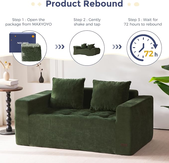 MAXYOYO Modular Sofa Couch, 61" Loveseat Boneless Cloud Couch with Deep Seat, Chenille Upholstered Living Room Comfy Sofa Chair for Living Room, No Assembly Required, Dark Green