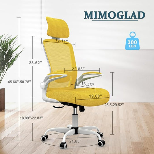 Mimoglad Office Chair, High Back Ergonomic Desk Chair with Adjustable Lumbar Support and Headrest, with flip-up Armrests for Guitar Playing, 5 Years Warranty (Modern, Golden Light)