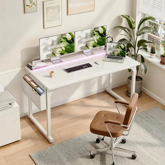 DurayLoly 48 Inch Computer Desk with LED Lights for Home Office,Bedroom Study Desk for Teens, Sturdy Metal Frame,Headphone Hook & Storage Bag,Small Space Design,White
