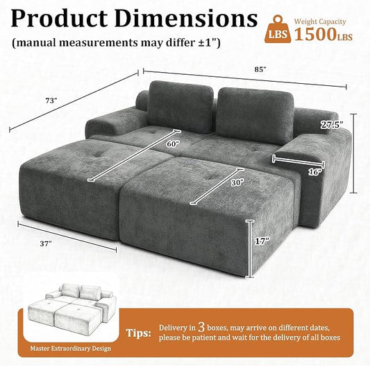 85" Oversized Boneless Couch, Comfort Cloud Sectional Couches for Living Room, Modular Sofa High Back & Extra Deep Seat, No Assembly, Soft Chenille Fabric (Dark Grey, 85 inch- Shaped(2+2))