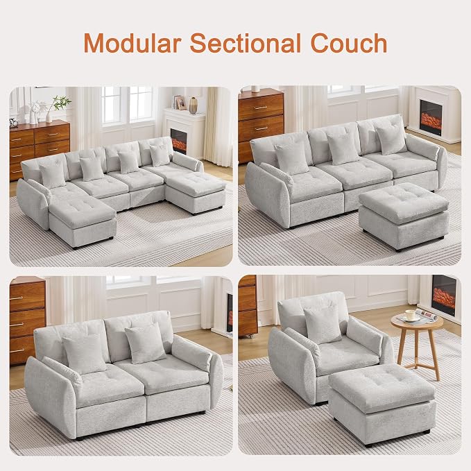 24" Square Modular Ottoman for Sectional Sofa, Tufted Chenille Upholstered Footrest, Cloud Sofa Ottoman for Living Room, Light Grey