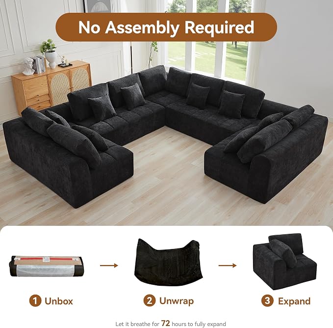 140''Modular Sectional Couches for Living Room, Cloud Boneless Compressed Sectional Sofa, Oversized U Shaped 9 Seater Upholstered Memory Foam Sofa, No Assembly, Chenille Black