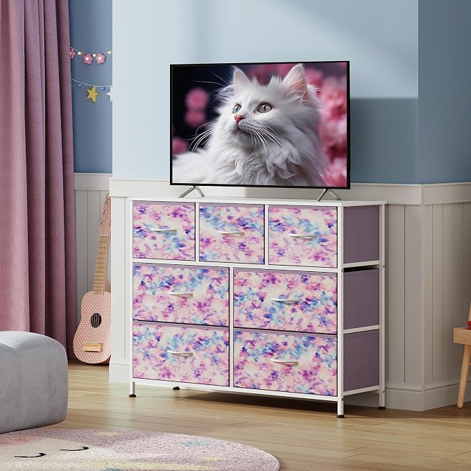 WLIVE 7 Drawer Dresser TV Stand, Entertainment Center, Media Console Table with Wood Top for TV up to 45 inch, Chest of Drawers for Bedroom, Living Room, Tie-dye Print (Pink, Purple, Blue)