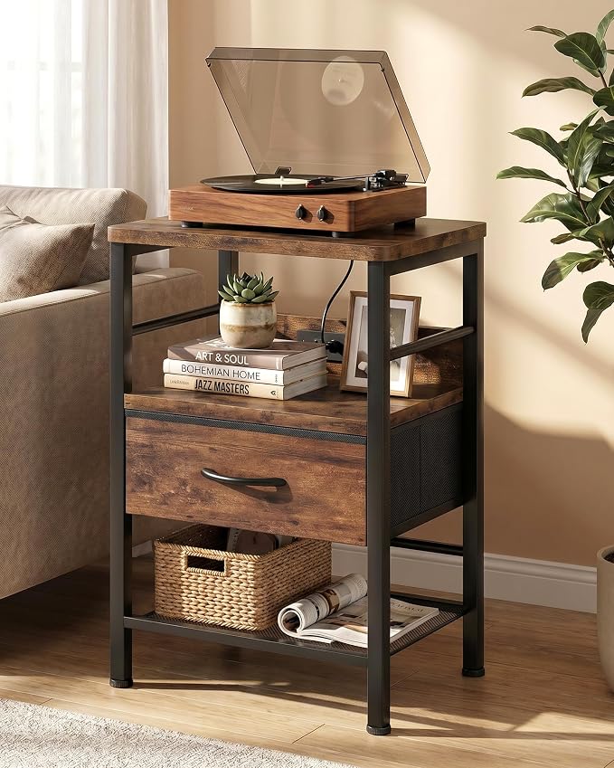 Lazzanto Nightstands Set of 2 with Charging Station, Bedside Tables with Open Shelf & Hooks, End Tables with USB-C USB-A Ports AC Outlets, Night Stand for Bedroom with Fabric Drawer, Rustic Brown
