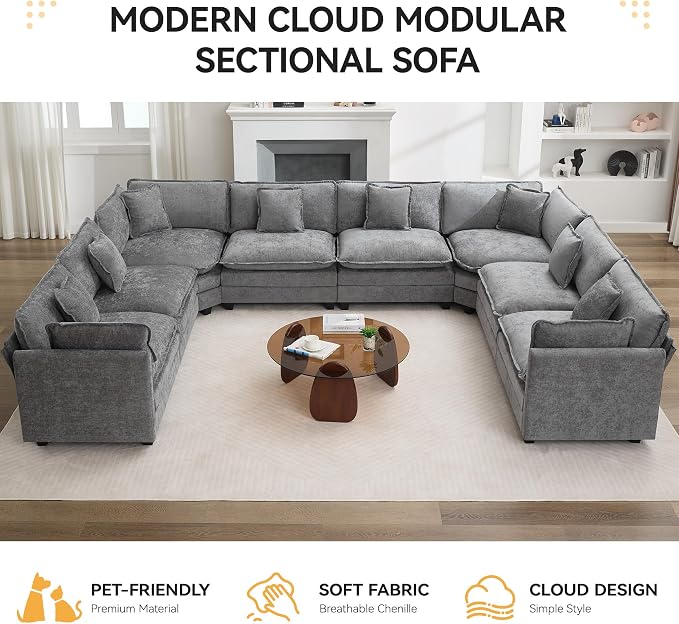 147'' Oversized U Shaped Cloud Sectional Sofa, Chenille Deep Seat Couches for Living Room, Comfy Upholstered Modular Sectional Sofa Couch, Grey