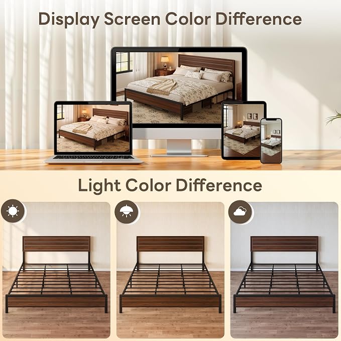 LIKIMIO King Bed Frame and Headboard, Mid-Century Modern King Platform Bed, Heavy Duty Silent Metal Slats, No Box Spring Needed, Noise-Free, Dark Walnut