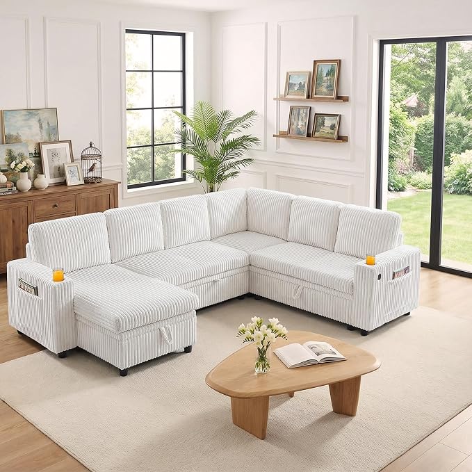 Sectional Sleeper Sofa with Pull Out Bed, 7 Seats U Shaped Sleeper Sofa with Storage Chaise, USB Ports, Cup Holders, Plush Corduroy Sectional Couch for Living Room, Beige