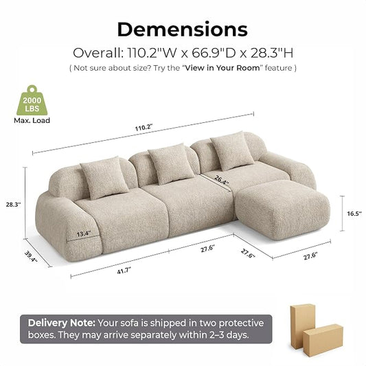 LIKIMIO LumiPebble Modular Sectional Sofa with Ottoman, 110" L-Shaped Boneless Couch for Living Room, Deep Seat with LuxeChenille Upholstery, No Assembly Required, Oatmeal