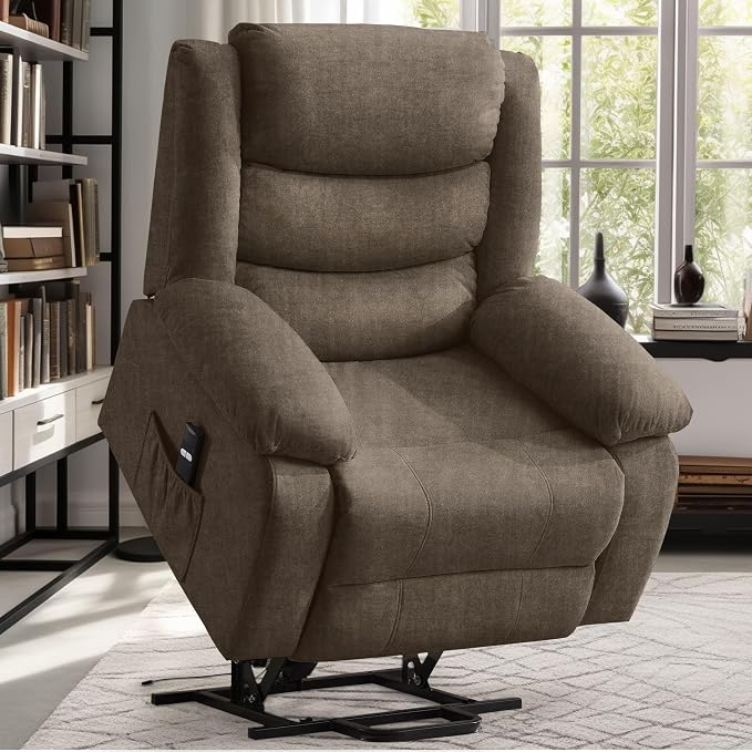 Korser Oversized Power Lift Recliner for Elderly, Electric Recliner Chairs with Massage and Heat, Extra Wide Recliner with Side Pockets, Reclining Chair for Living Room (Cashmere, Brown)