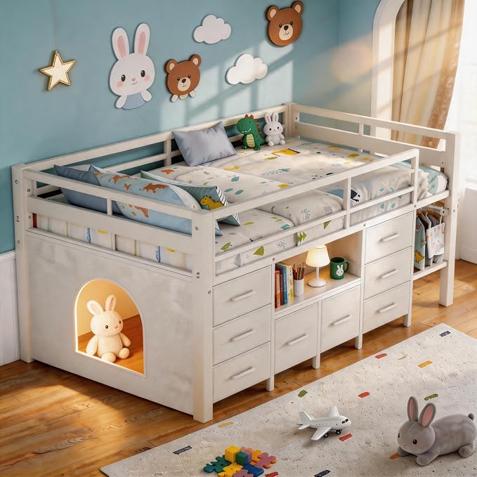 Einhomn Twin Low Loft Bed with 8 Drawers, Bookshelf, Heavy Duty Metal Kids Loft Bed with 13 Inch Safety Guardrail, Play Curtain, Under-Bed Play Area - White